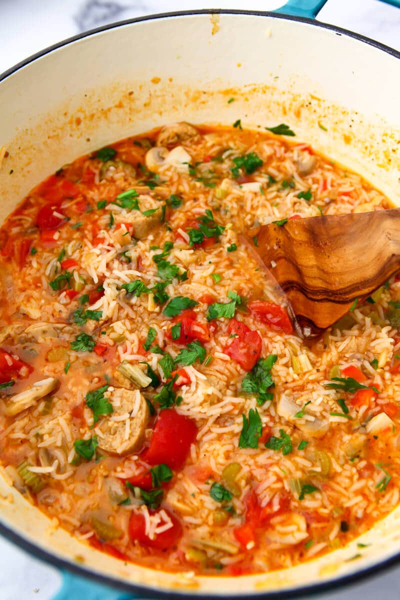 A pot of Creole style vegan jambalaya.