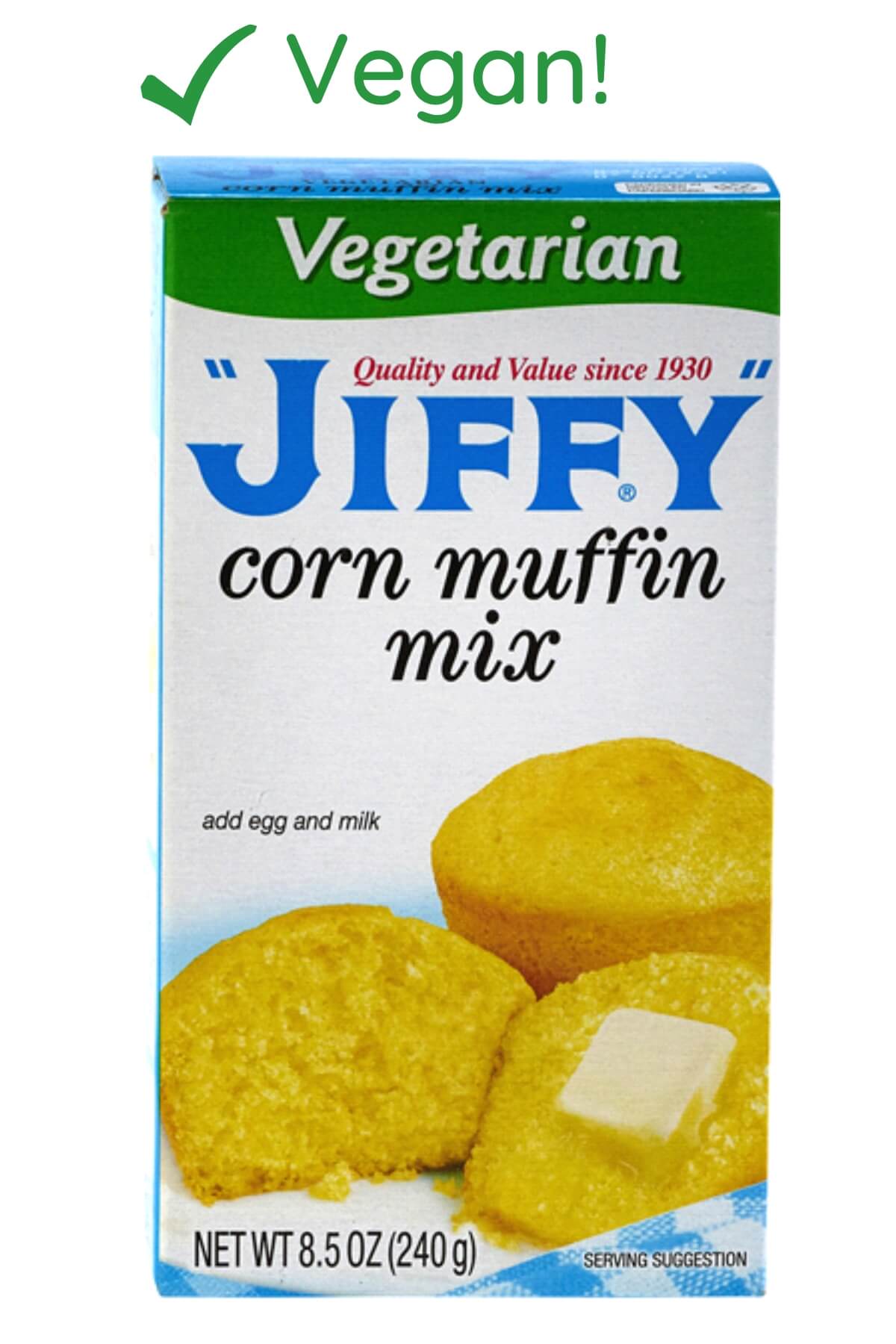 A box of jiffy vegetarian cornbread mix that is vegan.