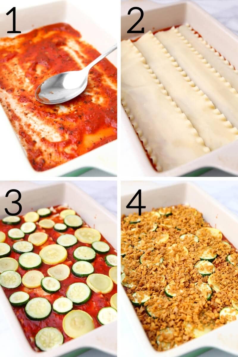 A collage of 4 pictures showing the process of layering sauce, noodles, zucchini, and vegan sausage to make a lasagna.