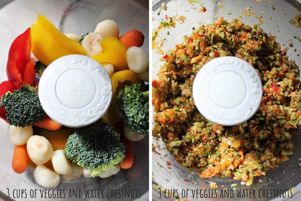 A collage of 2 pictures showing chopping veggies with a food processor to make vegetarian lettuce wraps.