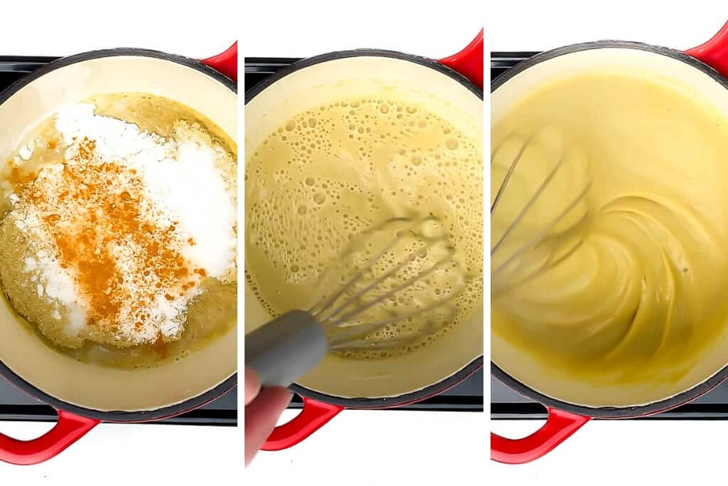 A collage of 3 pictures showing the process steps of making vegan nacho cheese sauce without nuts.
