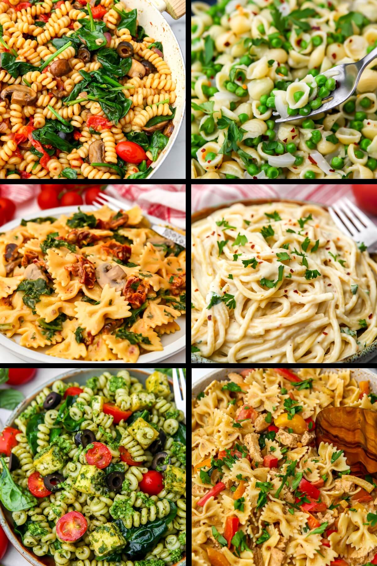 A collage of 6 images of easy vegan pasta recipes.