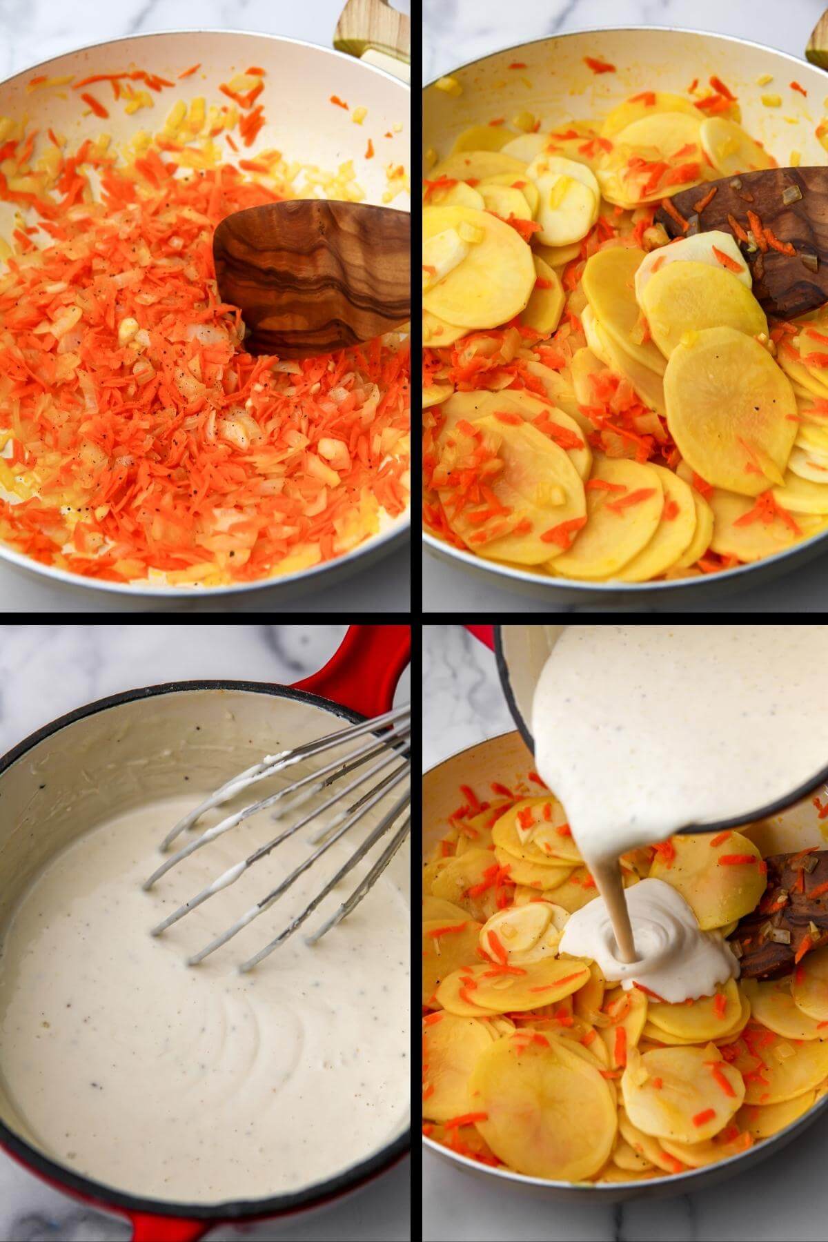 A collage of 4 images showing sauting onions and carrots, adding sliced poatoes, makeing a vegan cream sauce and pouring it over the top of the vegetables.