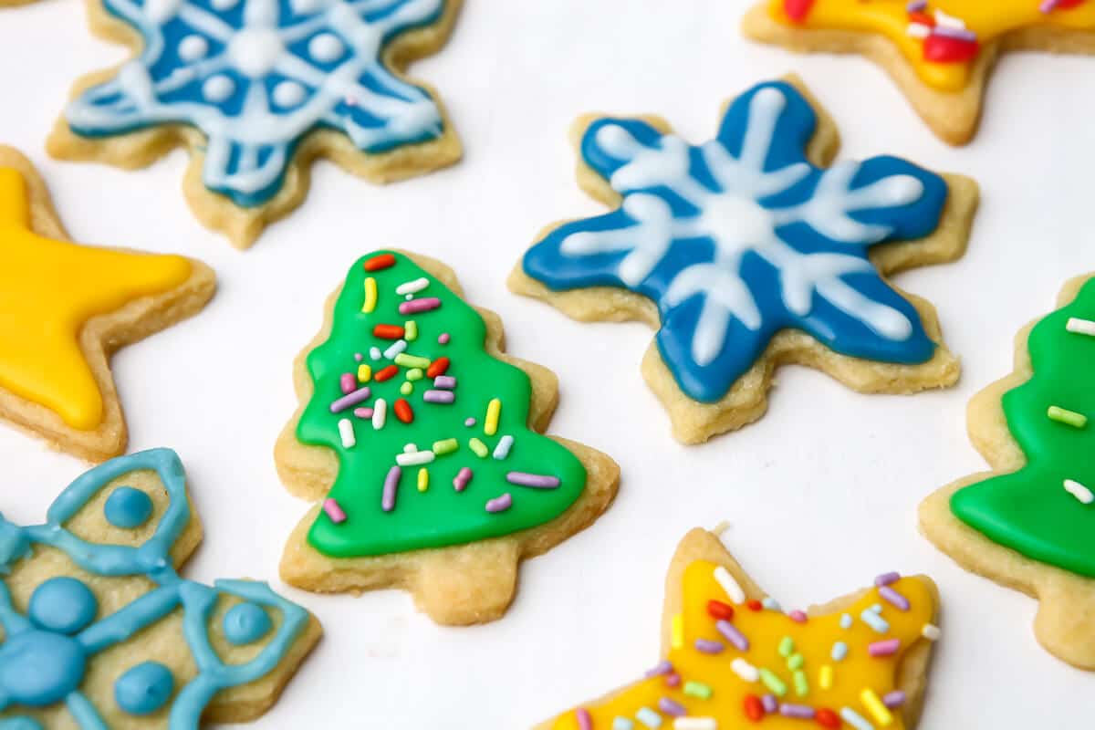 Christmas cookies decorated with vegan royal icing.