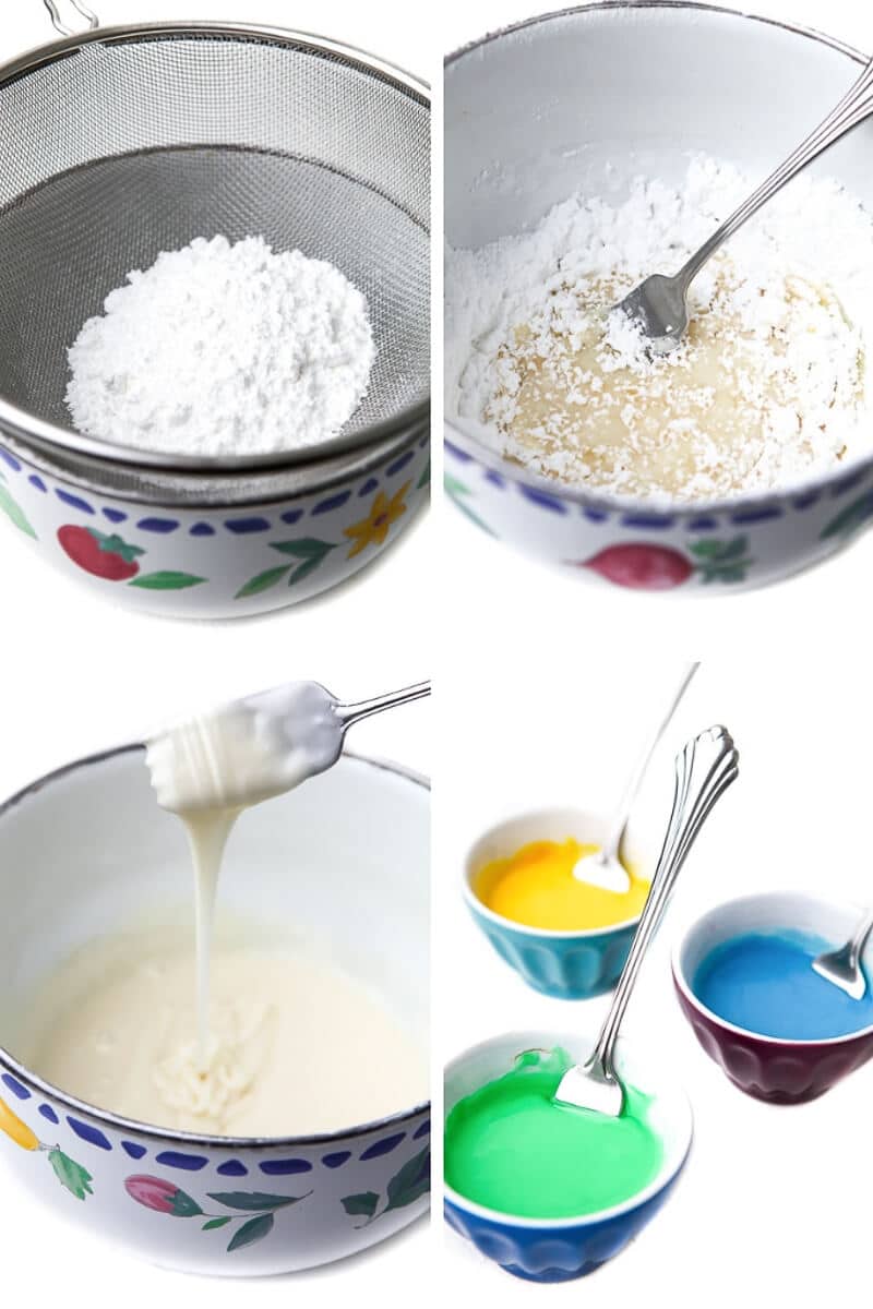 A collage of 4 images showing the process of sifting powdered sugar and adding soy milk and coloring to make dairy-free royal icing.