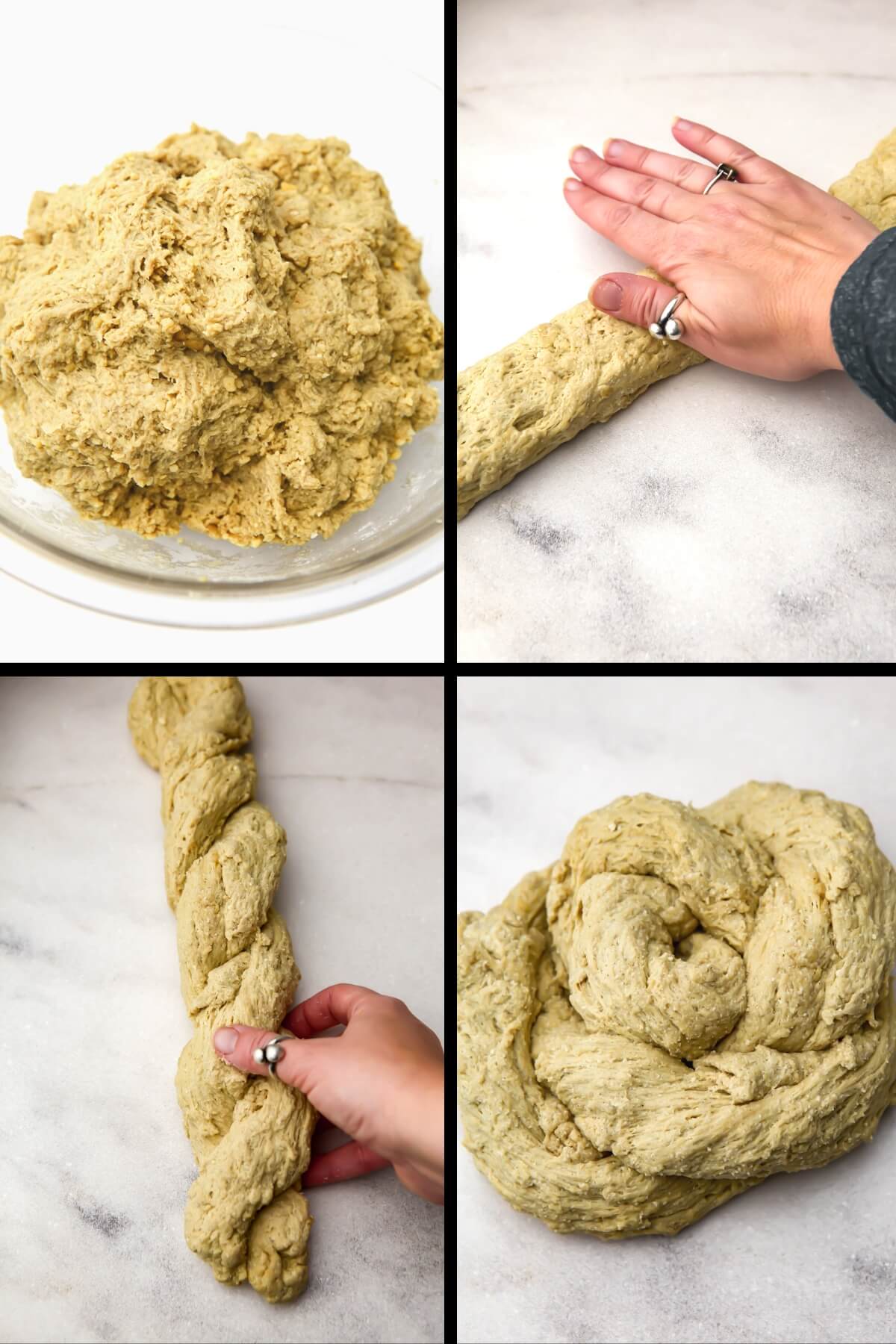 A collage of 4 images showing the process steps for making vegan shredded chicken from seitan.