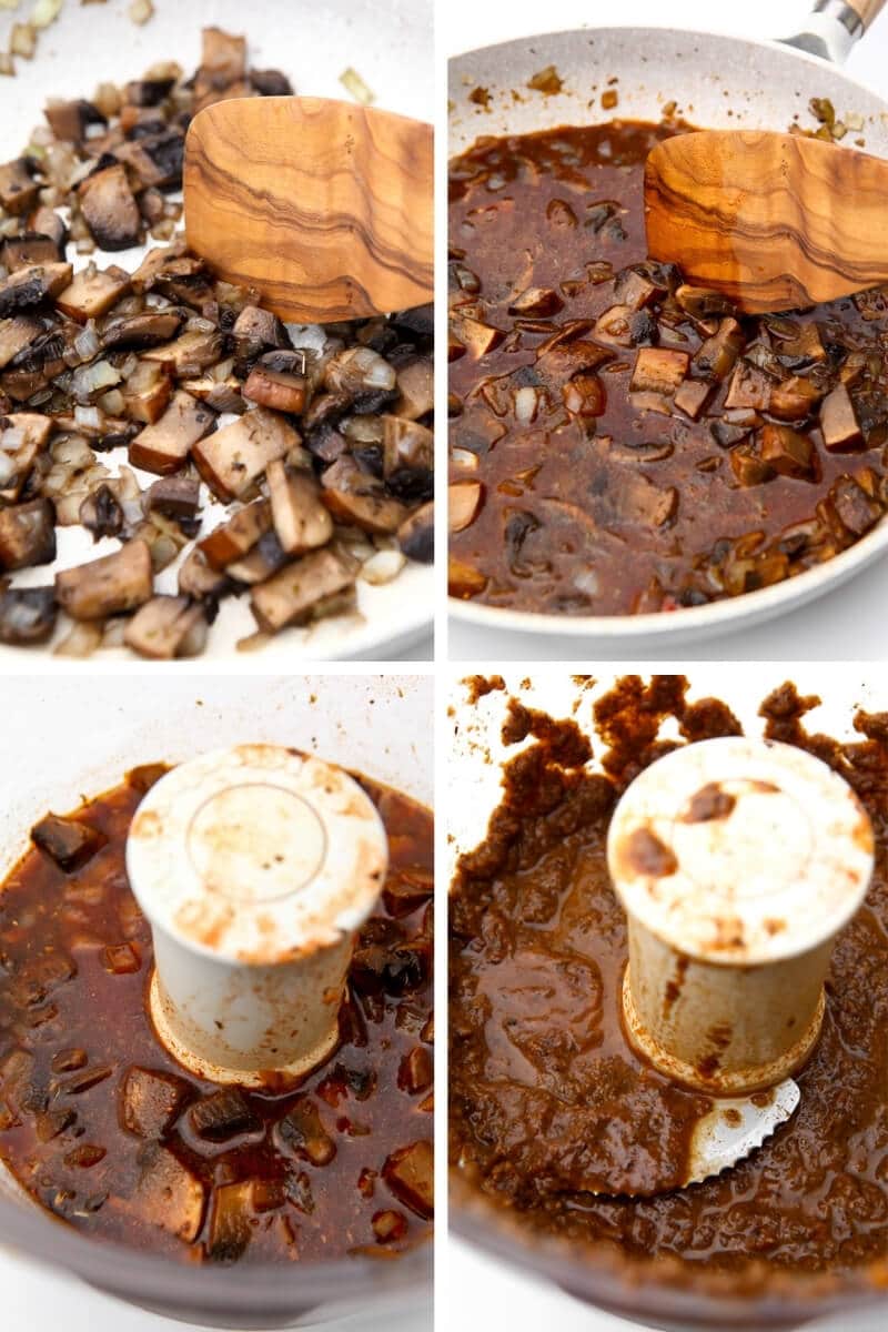 A collage of 4 images showing onions and mushrooms being sauted then blended with broth into a paste to make steak seitan.