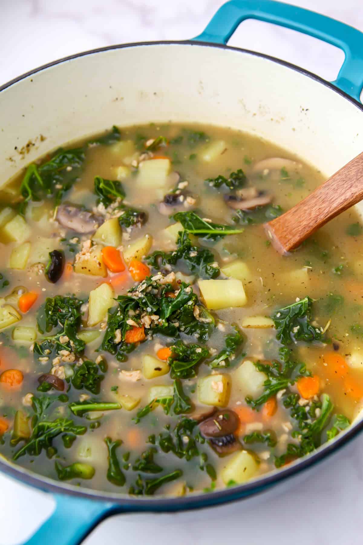 A pot of vegan mushroom stew with a wooden ladle in it.