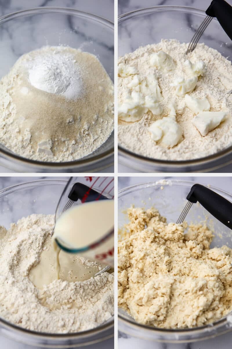 A collage of 4 pictures showing the process of making vegan shortbread dough.
