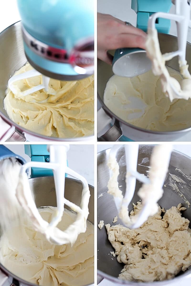 A collage of 4 pictures showing the process of mixing the vegan margarine, sugar, vegan egg, and flour to make vegan thumbprint cookies.