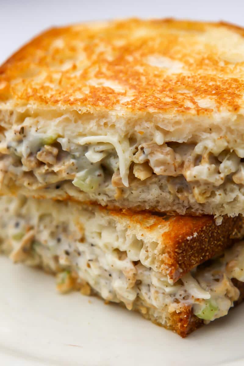 A close up of a vegan tuna melt.