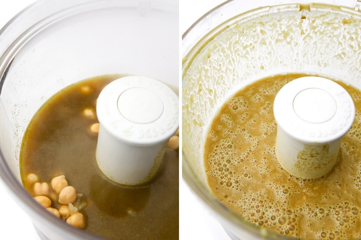 A collage of two pictures showing the chickpeas, broth and spices in a food processor before and after blending.