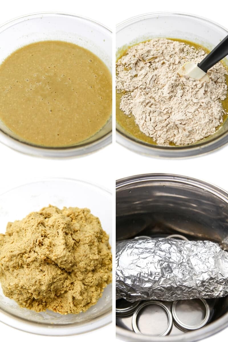 A collage of 4 pictures showing the vegan turkey broth, adding the vital wheat gluten, and kneading it into a dough, then wrapping it in foil to steam.