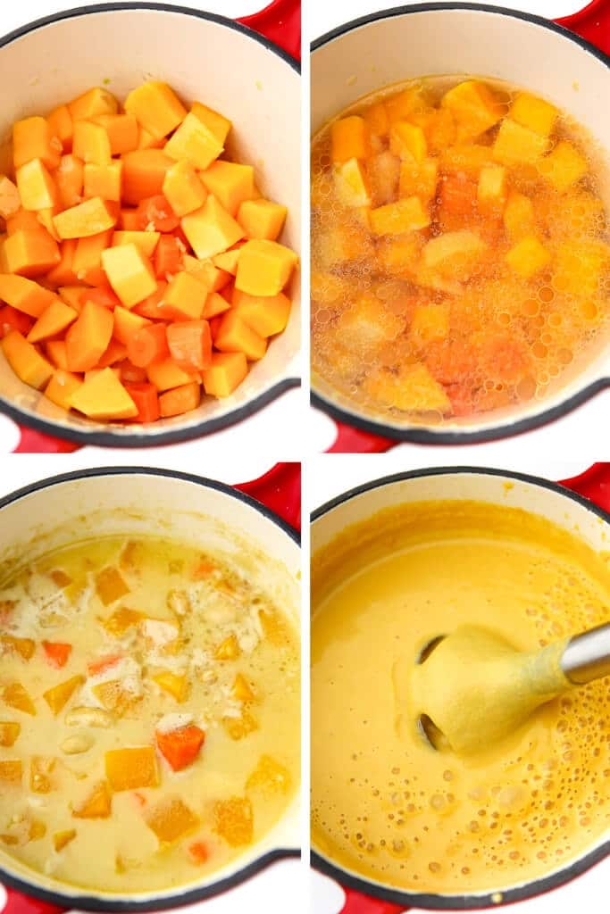 A collage of 4 pictures showing the process steps of making vegan cheese sauce from vegetables.