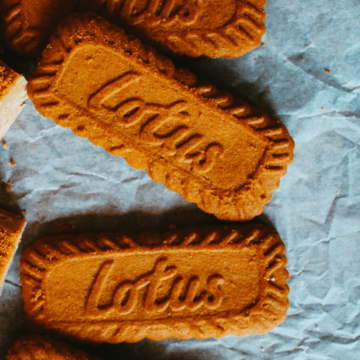 Lotus biscoff cookies on a blue background.