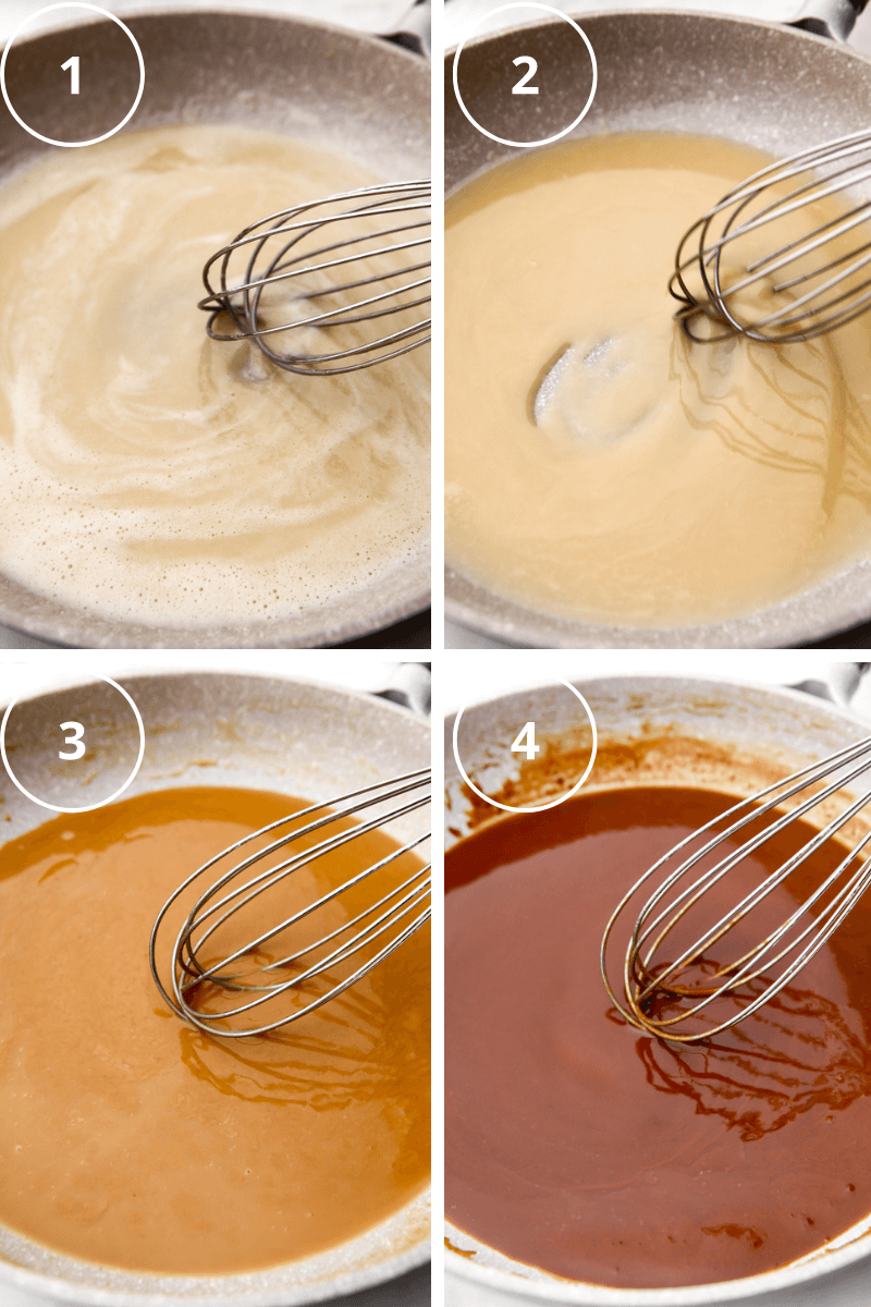 A collage of 4 images showing white roux, blond roux, peanut butter roux, and dark brown roux.