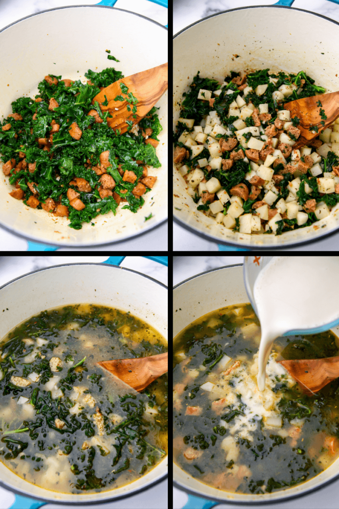 For process steps of sauteing vegan sausage and kale, adding spices and potatoes, broth, and plant-based milk to a soup pot.